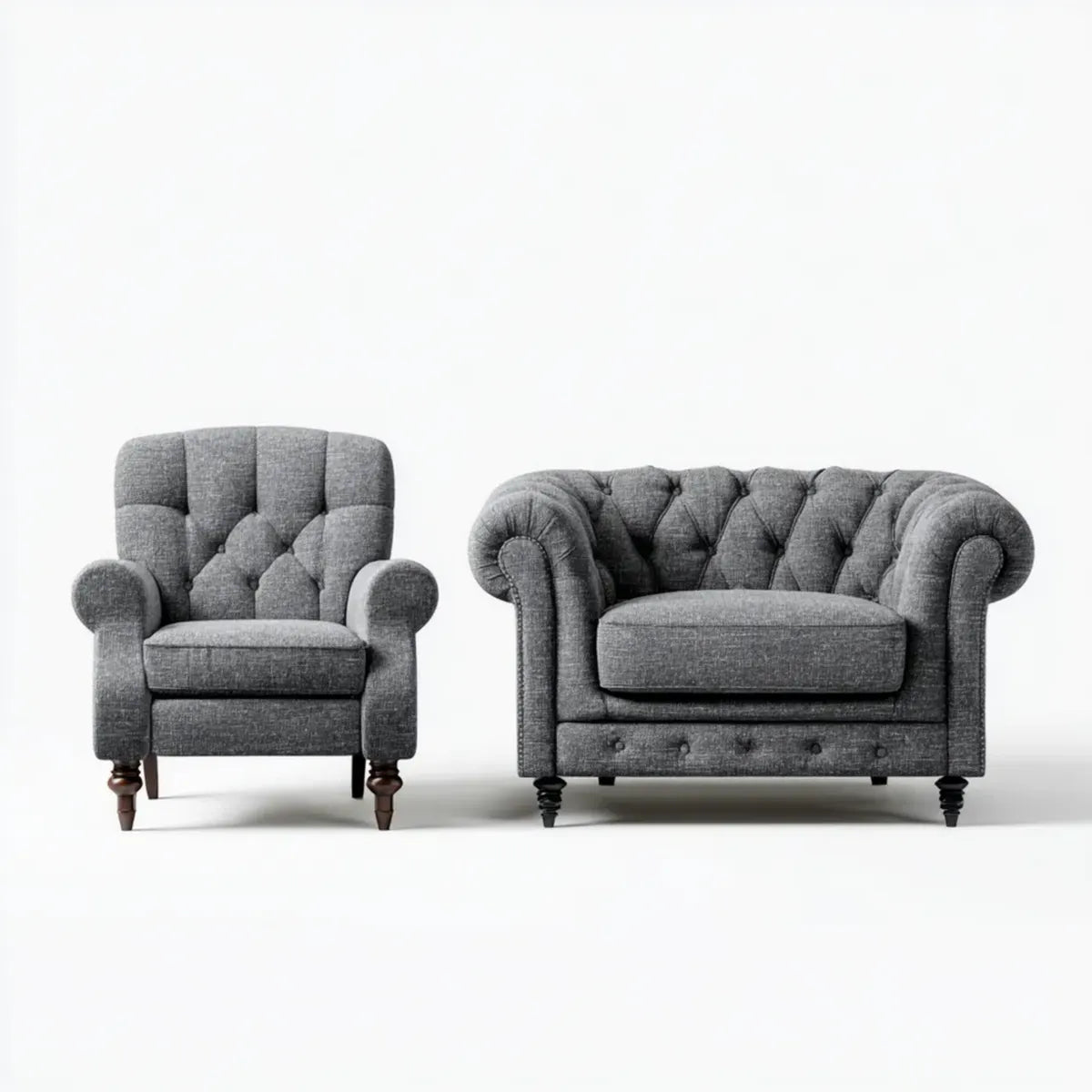 Chesterfield Sitzgruppe 2-Sitzer und Sessel Grau Polyester mit Knopfheftung 170 x 90 x 78 cm und 105 x 90 x 100 cm