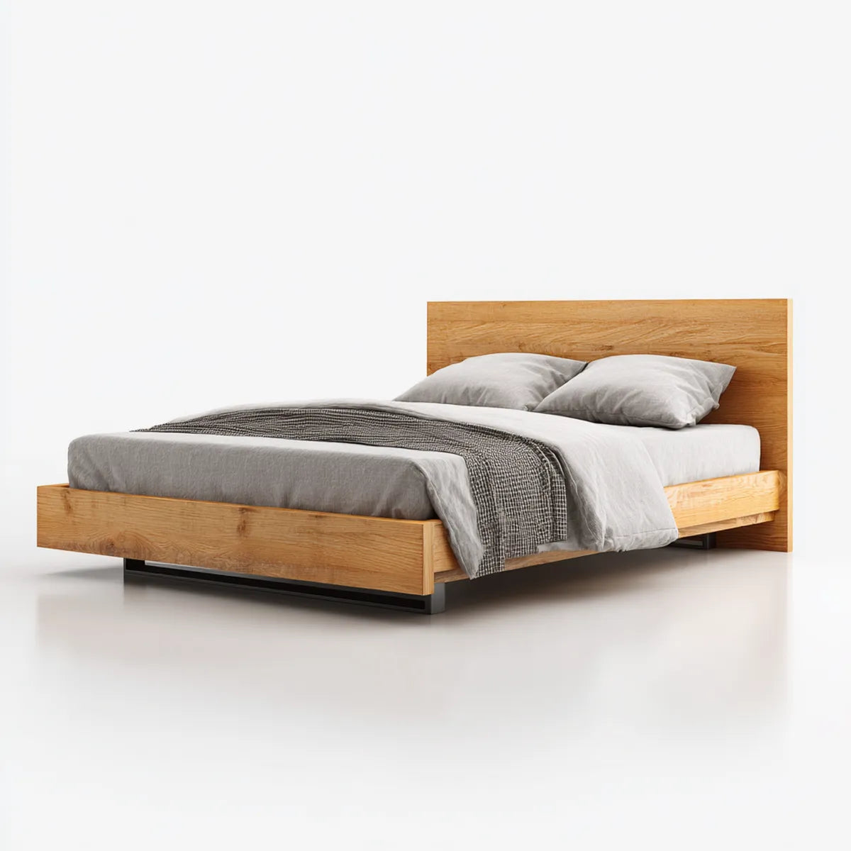 Doppelbett Eiche Natur 180 x 200 cm Massivholz Rechteckig mit schwarzem Stahlgestell